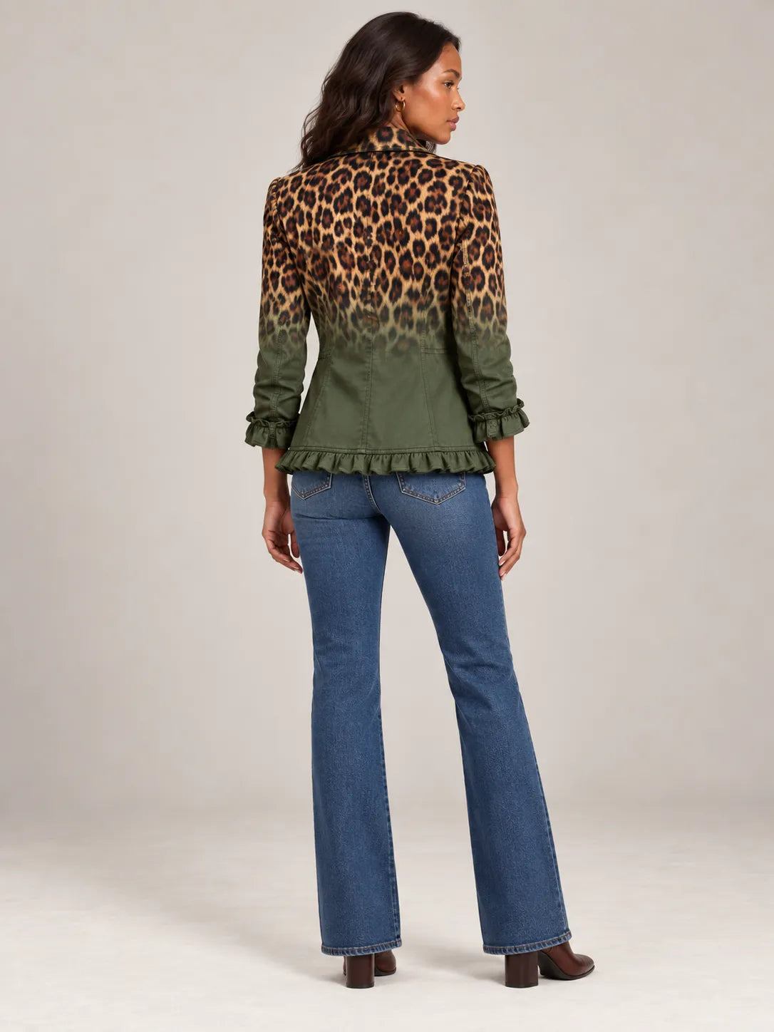 Women's Ombre Leopard Print Ruffled Double-Breasted Blazer