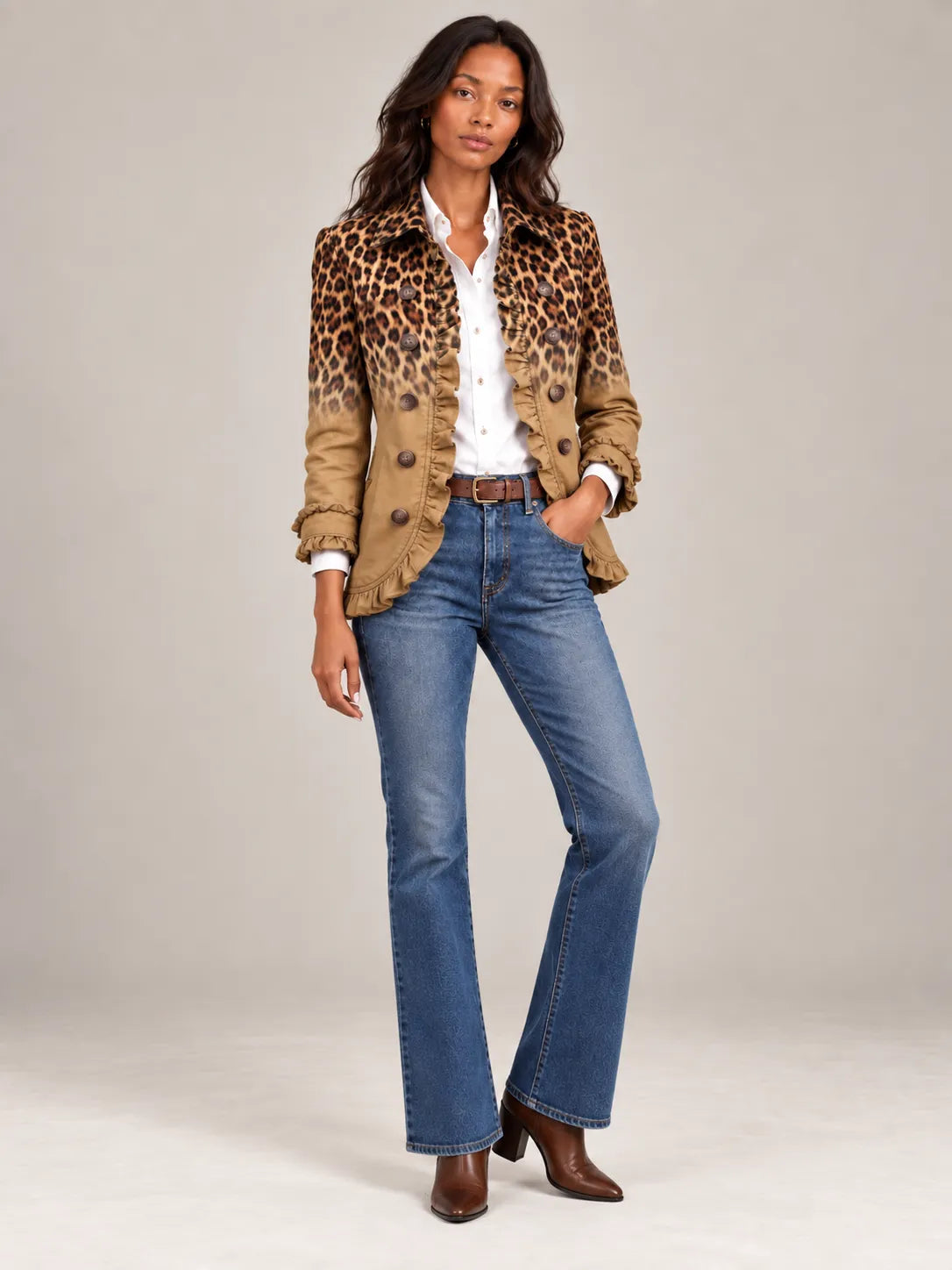 Women's Ombre Leopard Print Ruffled Double-Breasted Blazer