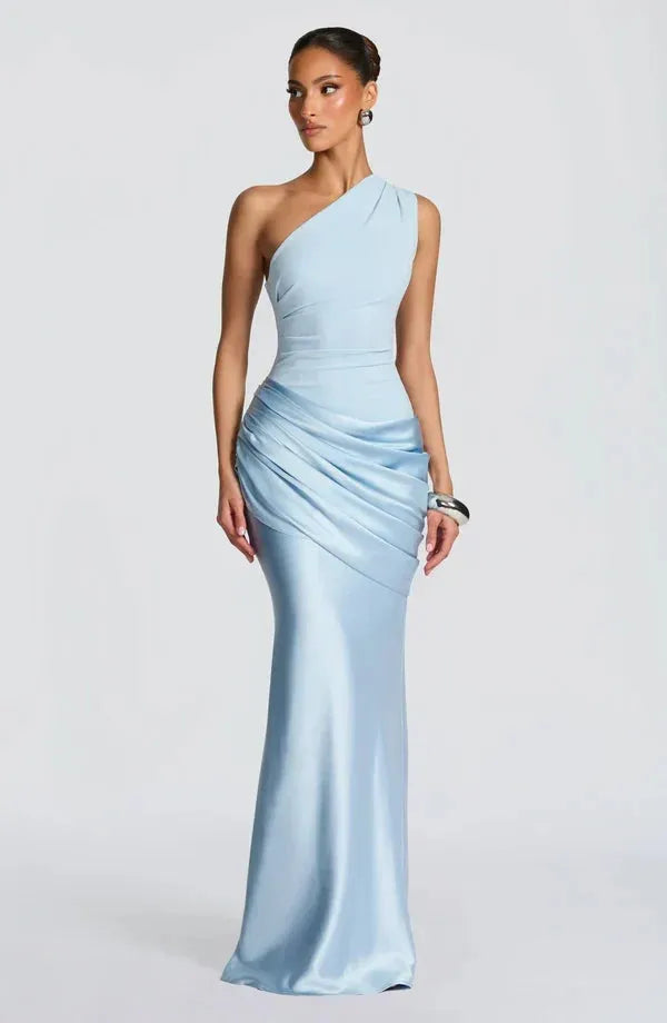 Women's One-Shoulder Draped Satin Maxi Dress with Cascading Waist
