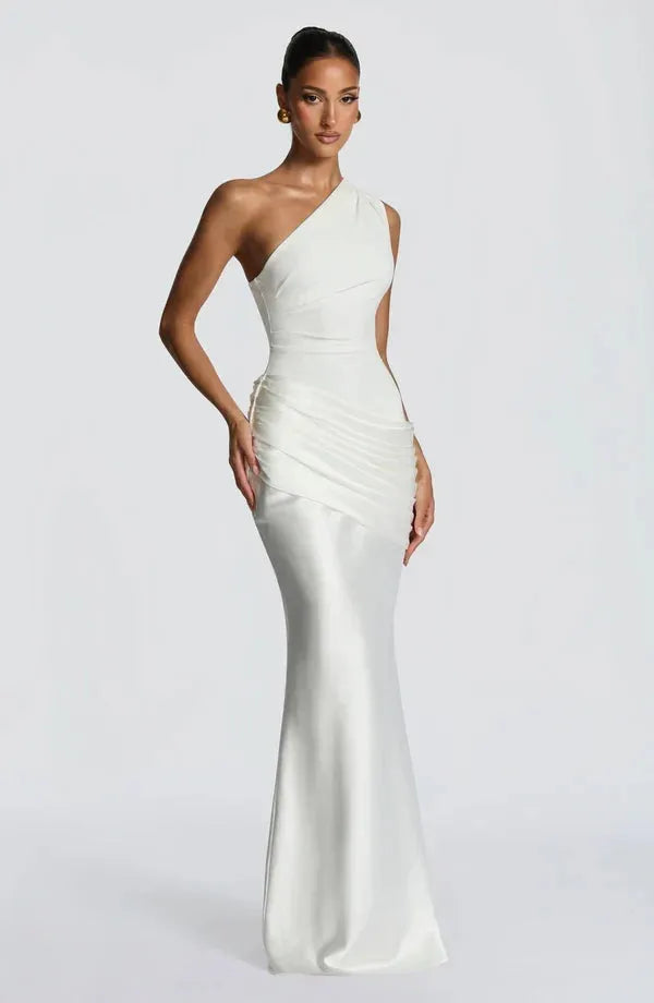 Women's One-Shoulder Draped Satin Maxi Dress with Cascading Waist