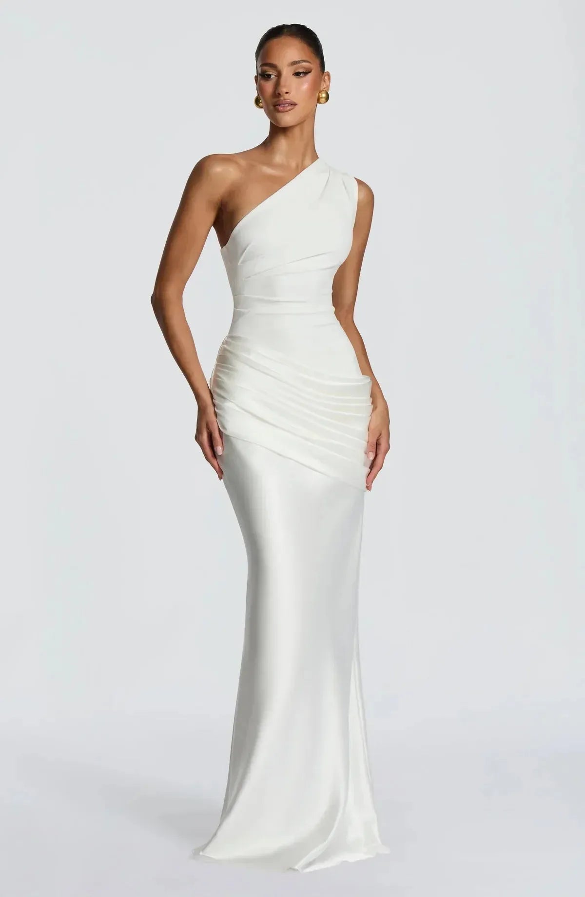 Women's One-Shoulder Draped Satin Maxi Dress with Cascading Waist