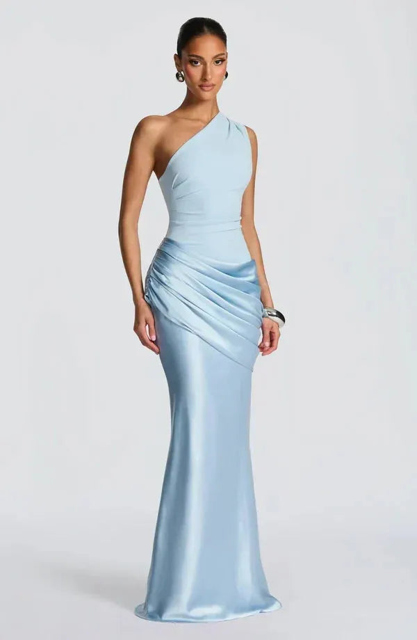 Women's One-Shoulder Draped Satin Maxi Dress with Cascading Waist