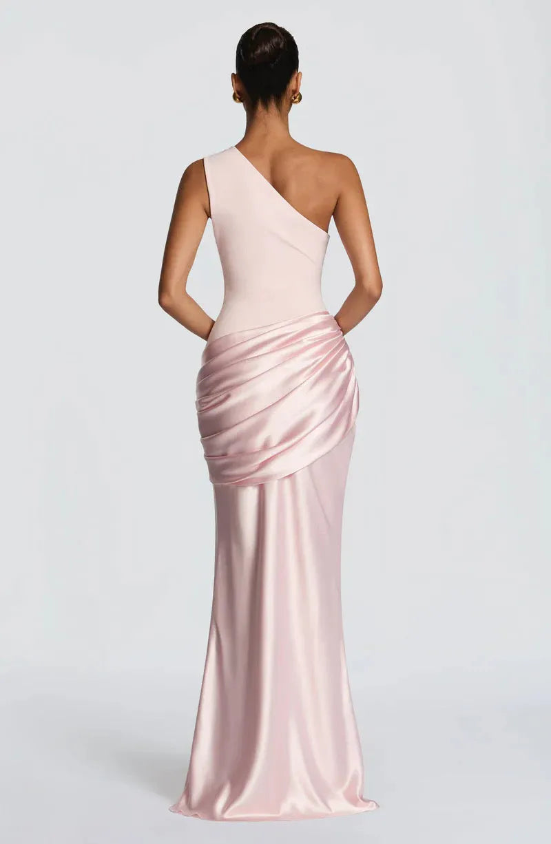 Women's One-Shoulder Draped Satin Maxi Dress with Cascading Waist