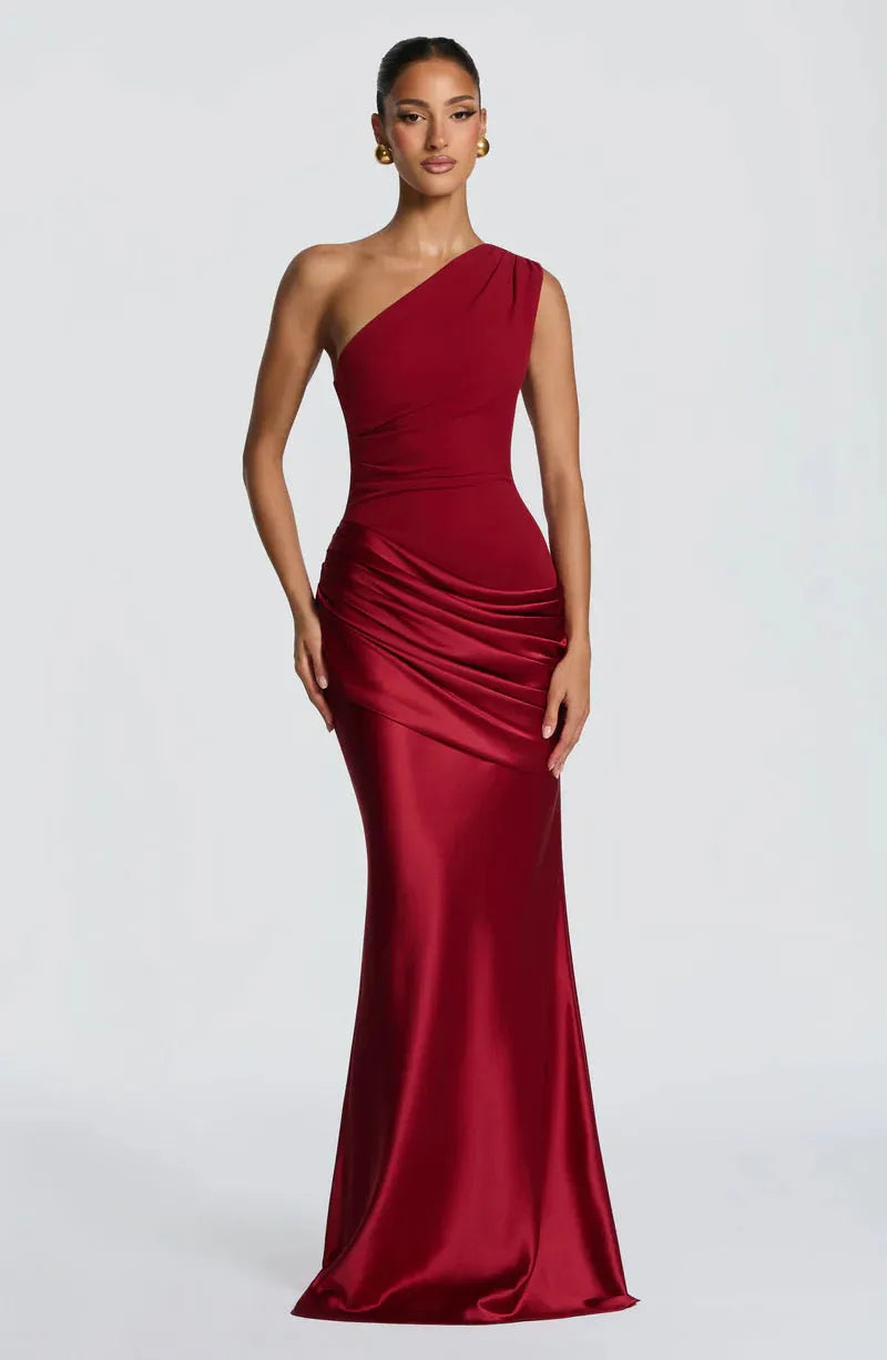 Women's One-Shoulder Draped Satin Maxi Dress with Cascading Waist