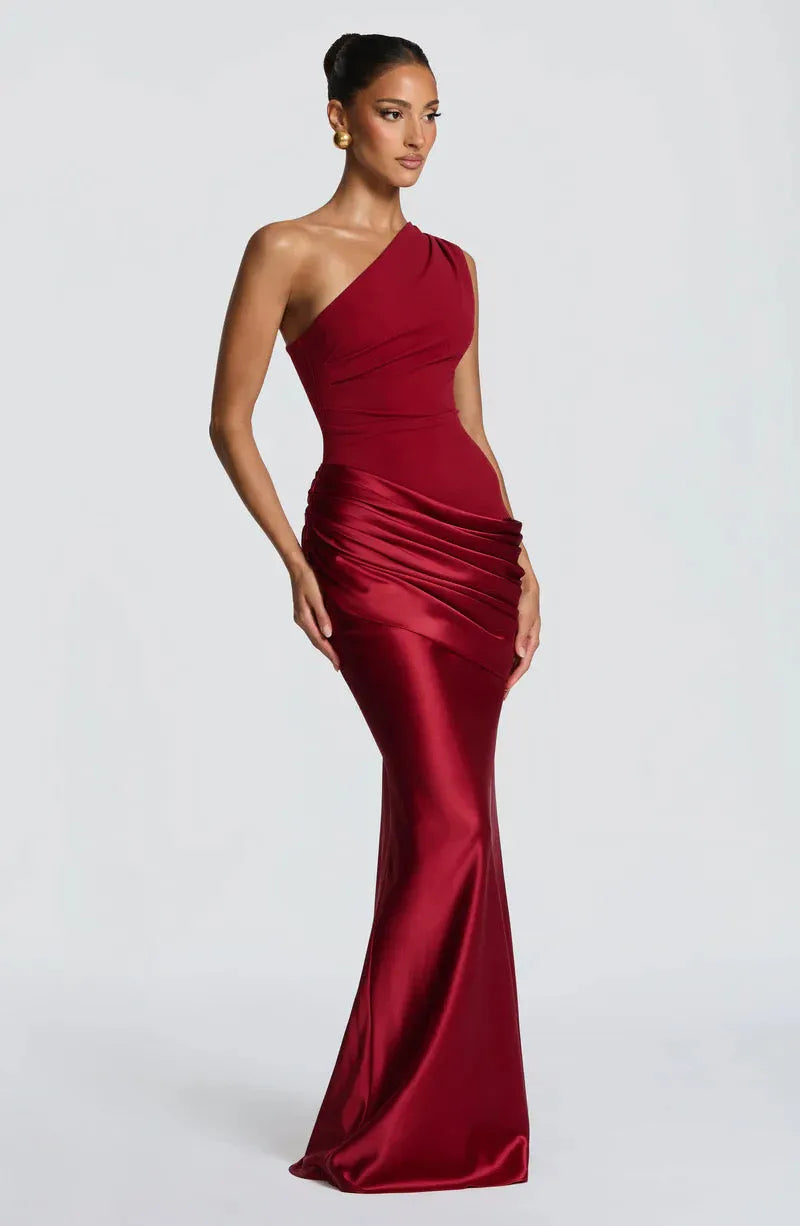 Women's One-Shoulder Draped Satin Maxi Dress with Cascading Waist