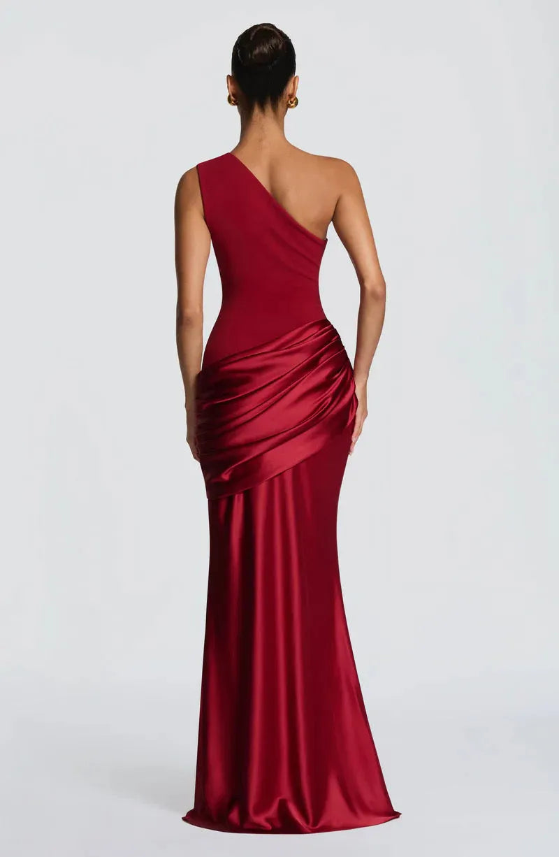 Women's One-Shoulder Draped Satin Maxi Dress with Cascading Waist