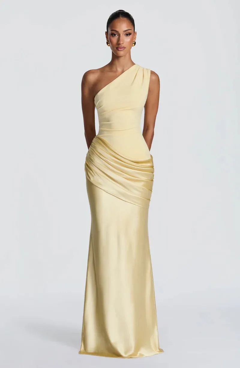 Women's One-Shoulder Draped Satin Maxi Dress with Cascading Waist