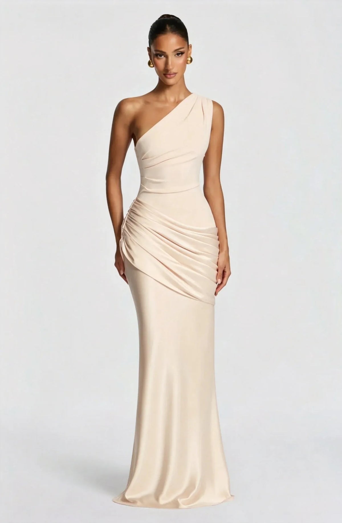 Women's One-Shoulder Draped Satin Maxi Dress with Cascading Waist
