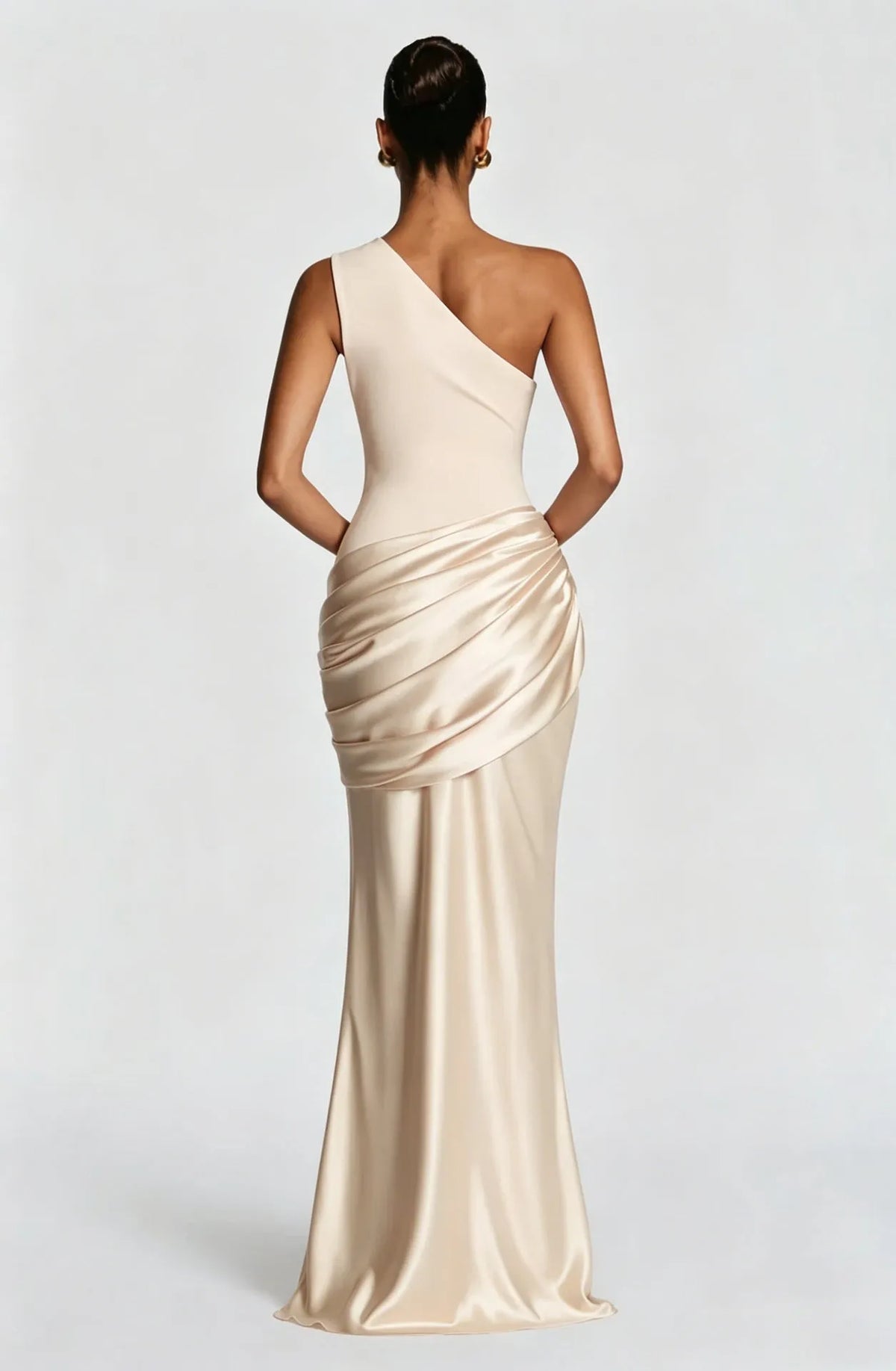 Women's One-Shoulder Draped Satin Maxi Dress with Cascading Waist