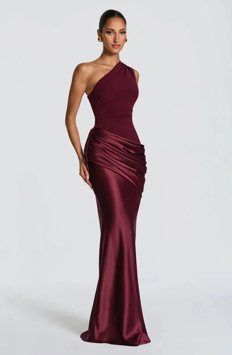 Women's One-Shoulder Draped Satin Maxi Dress with Cascading Waist