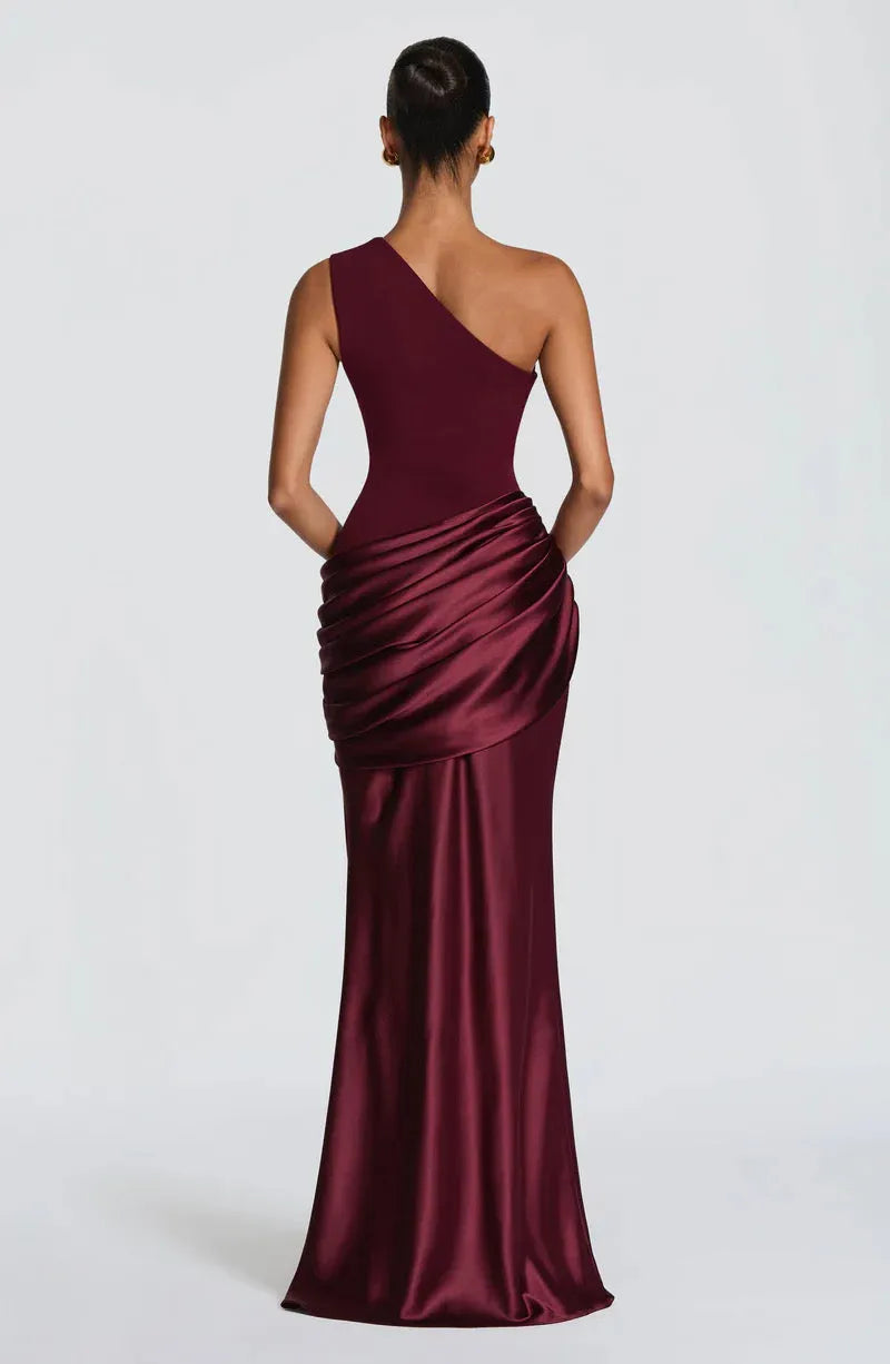 Women's One-Shoulder Draped Satin Maxi Dress with Cascading Waist