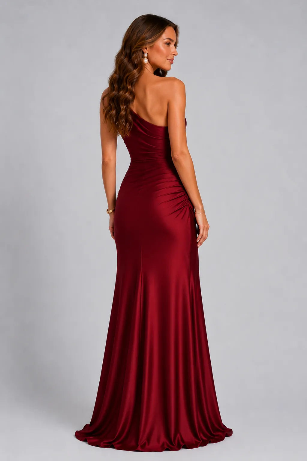 Women's One-Shoulder Pleated Satin Maxi Dress