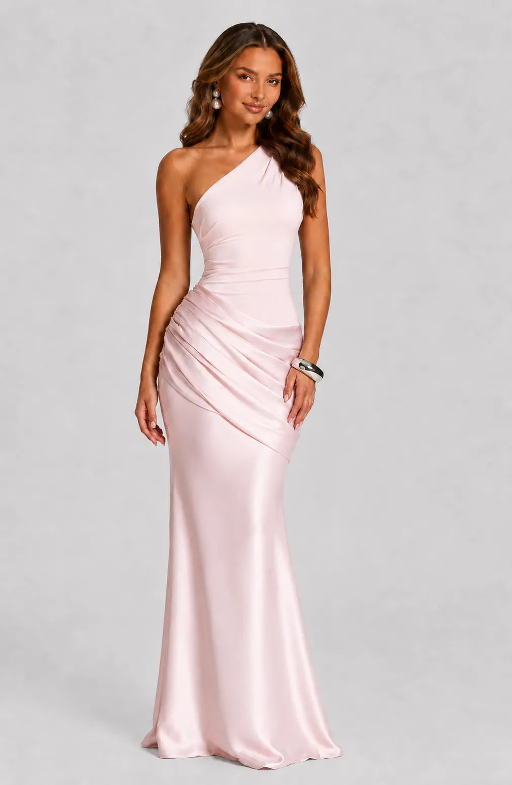 Women's One-Shoulder Pleated Satin Maxi Dress