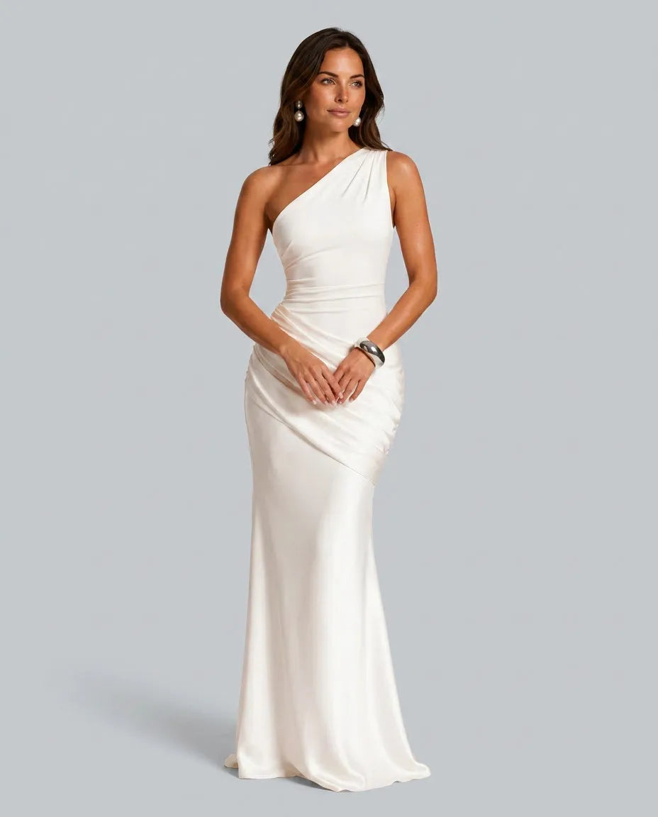 Women's One-Shoulder Pleated Satin Maxi Dress