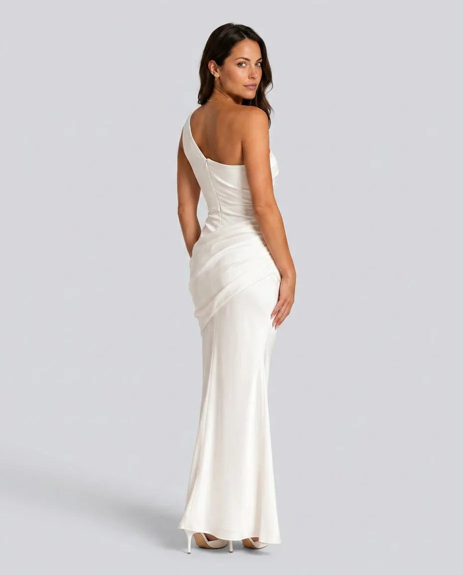 Women's One-Shoulder Pleated Satin Maxi Dress