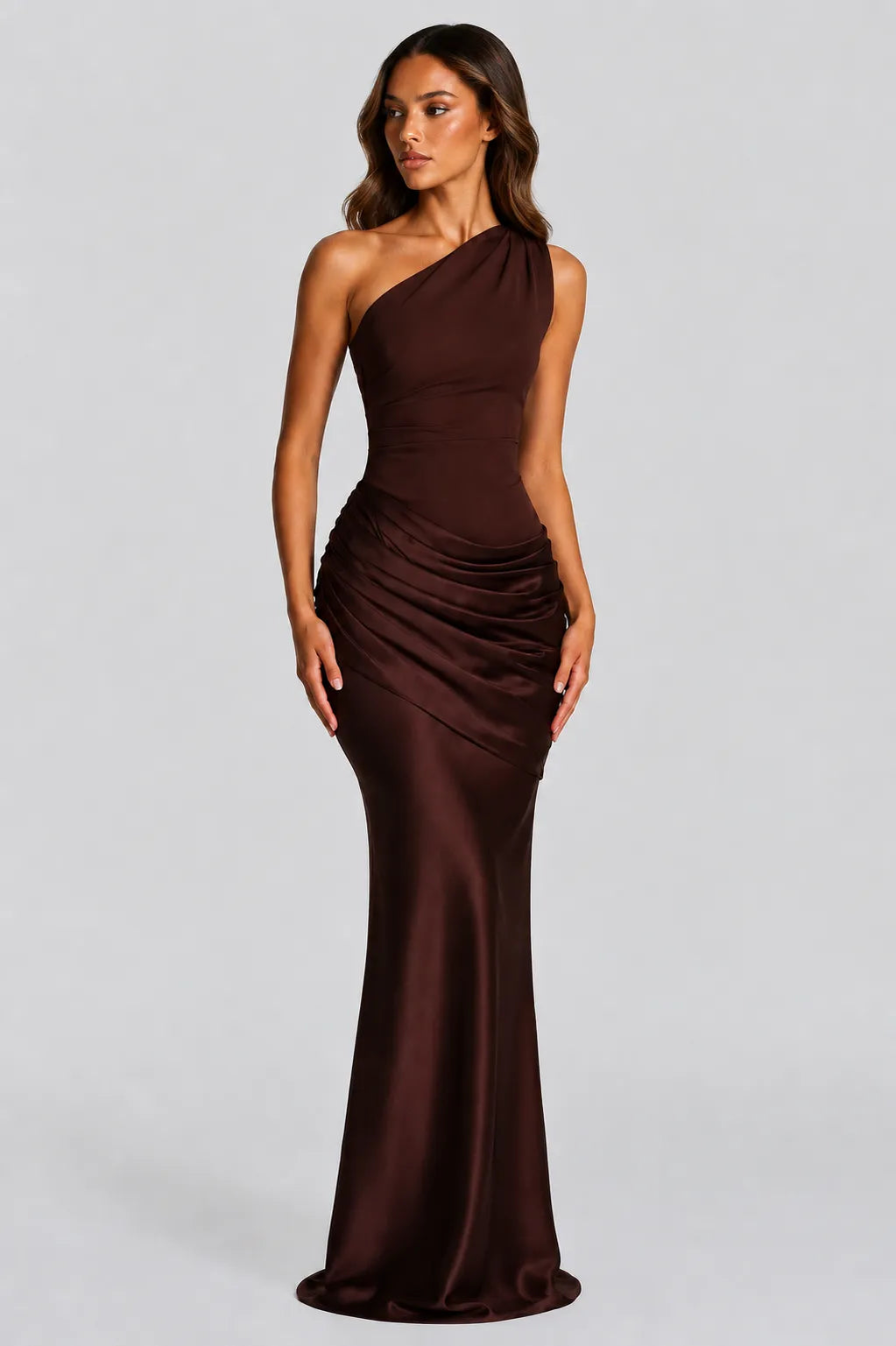 Women's One-Shoulder Pleated Satin Maxi Dress