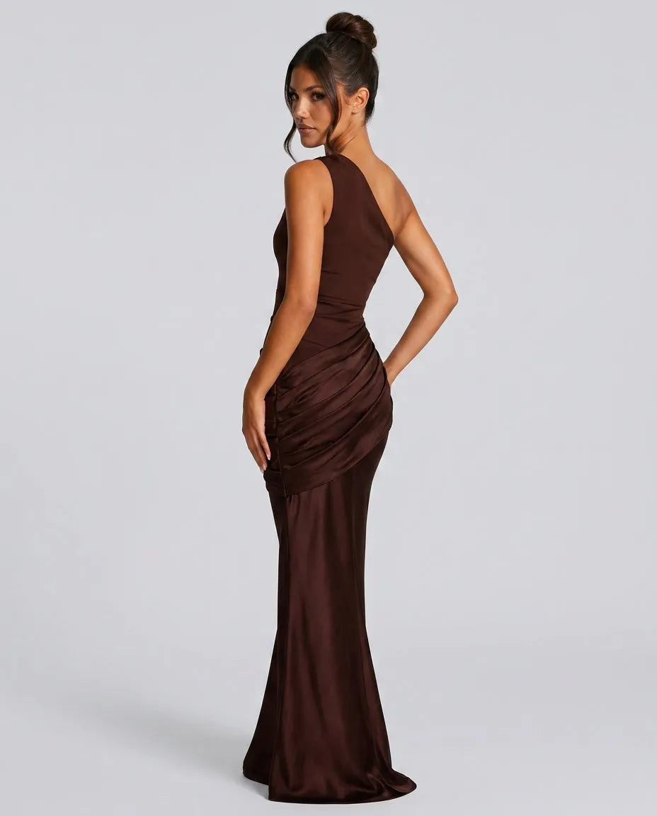 Women's One-Shoulder Pleated Satin Maxi Dress