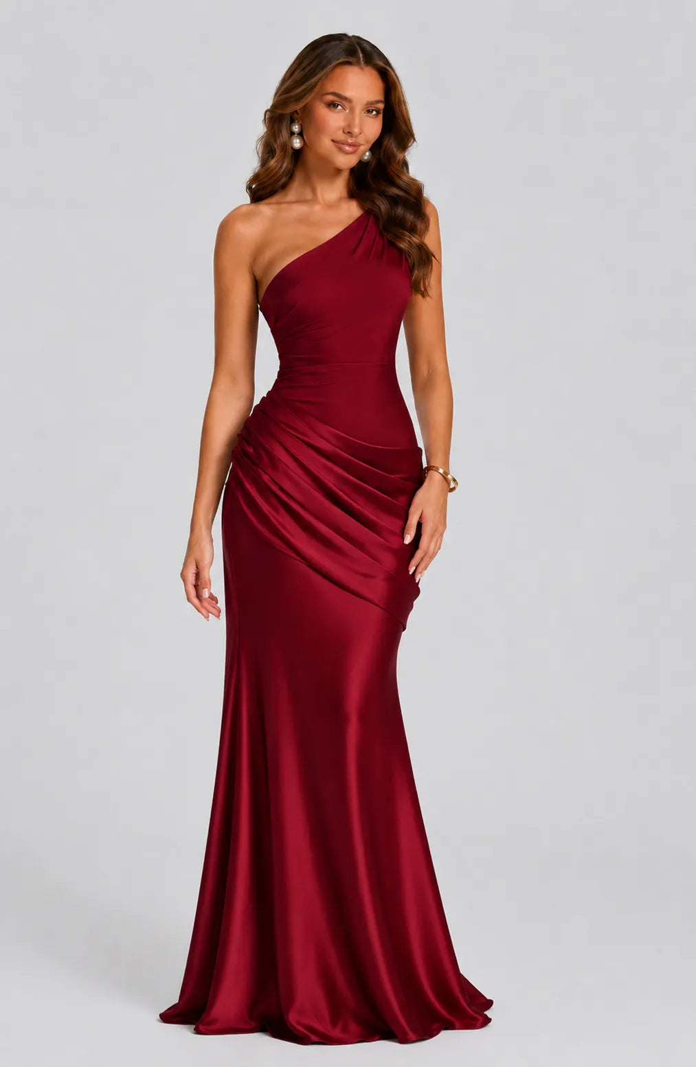 Women's One-Shoulder Pleated Satin Maxi Dress