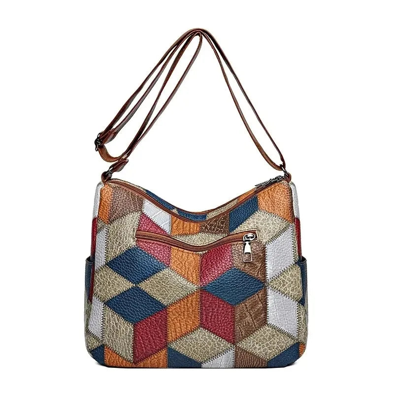 Women's Patchwork Everyday Crossbody Bag with Faux Leather Trims