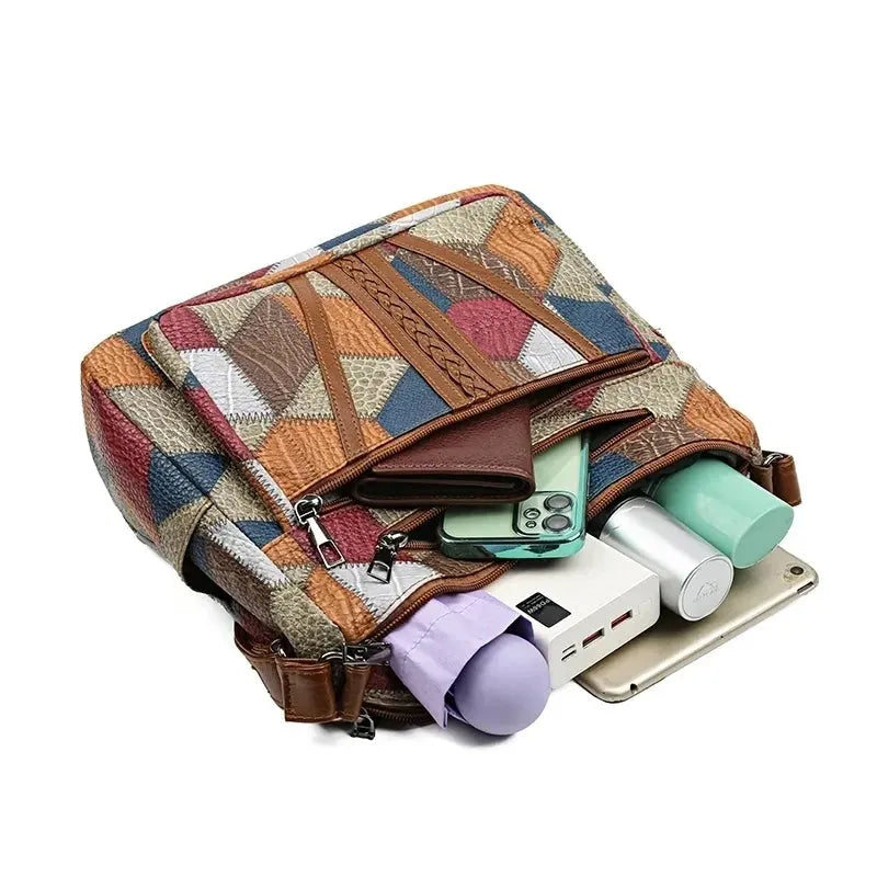 Women's Patchwork Everyday Crossbody Bag with Faux Leather Trims