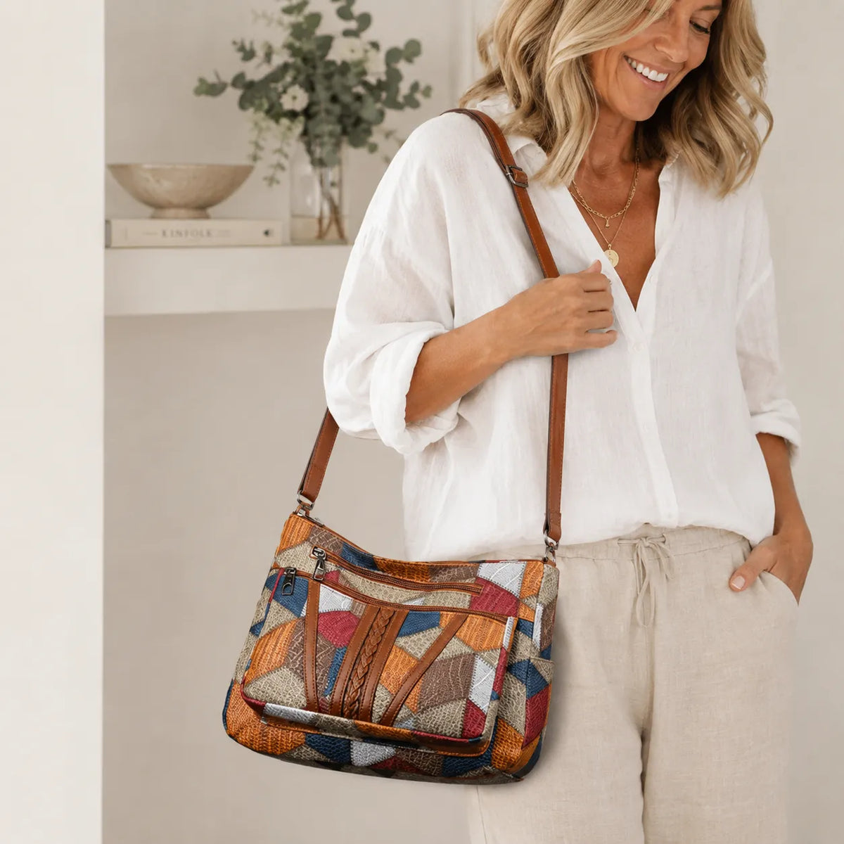 Women's Patchwork Everyday Crossbody Bag with Faux Leather Trims