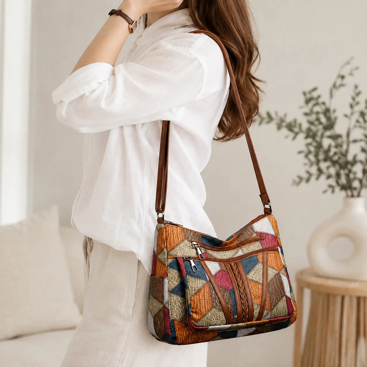 Women's Patchwork Everyday Crossbody Bag with Faux Leather Trims