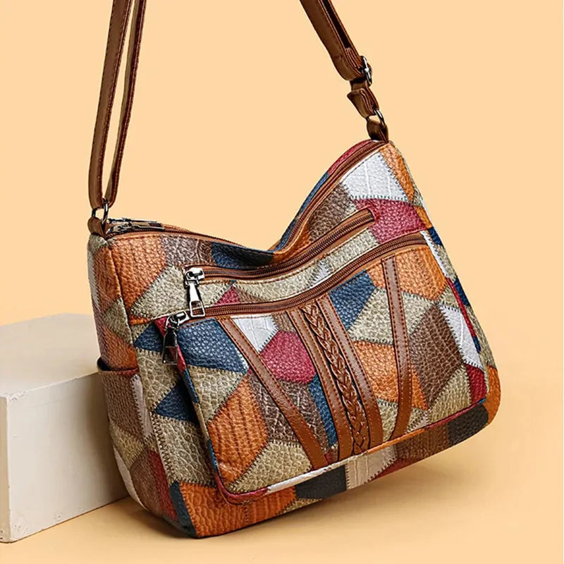 Women's Patchwork Everyday Crossbody Bag with Faux Leather Trims