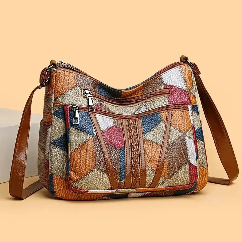 Women's Patchwork Everyday Crossbody Bag with Faux Leather Trims