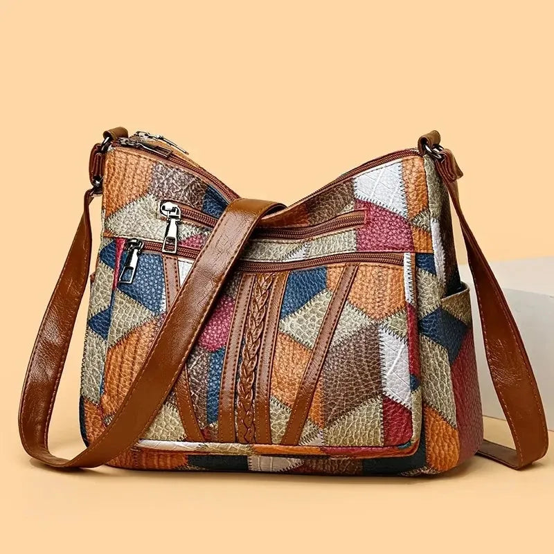 Women's Patchwork Everyday Crossbody Bag with Faux Leather Trims