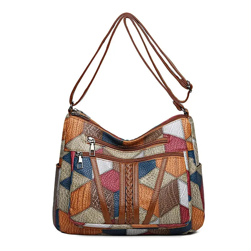 Women's Patchwork Everyday Crossbody Bag with Faux Leather Trims