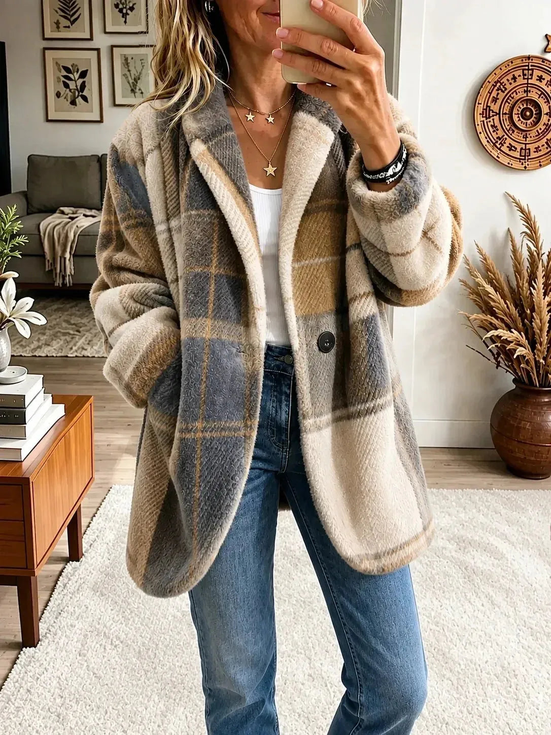 Women's Plaid Button-Front Warm Cardigan Coat