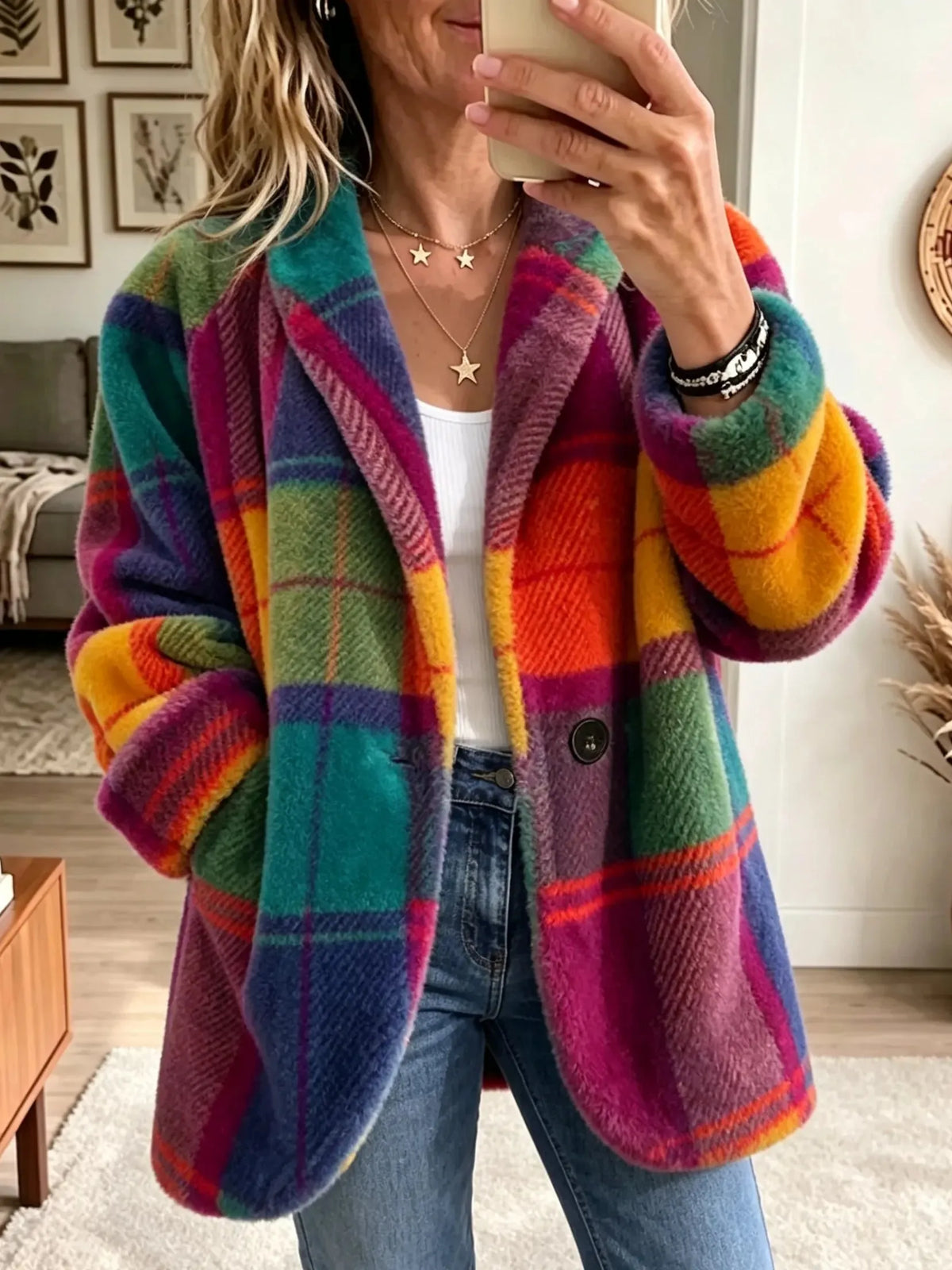 Women's Plaid Button-Up Coat with Pockets