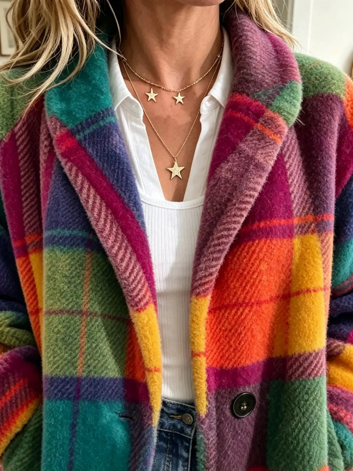 Women's Plaid Button-Up Coat with Pockets