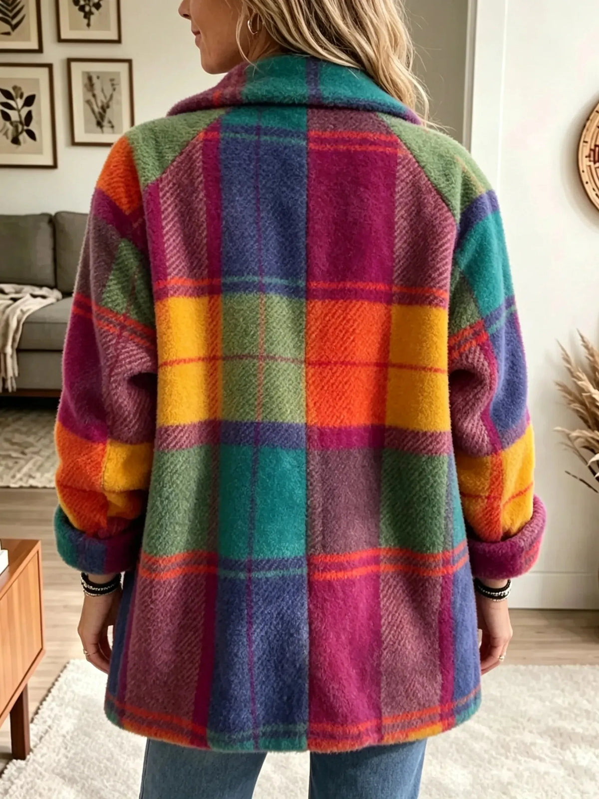 Women's Plaid Button-Up Coat with Pockets