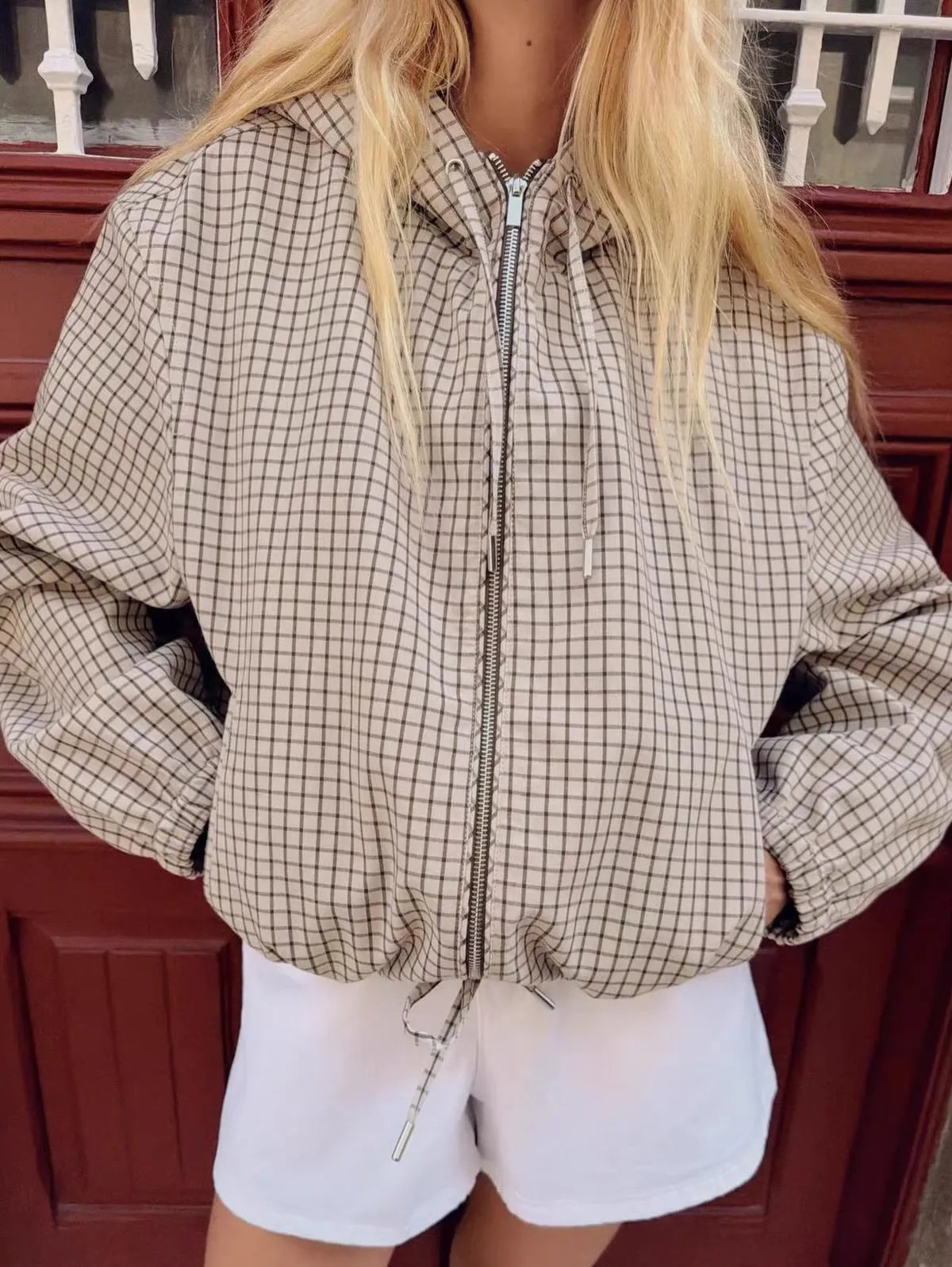 Women's Plaid Hooded Cropped Jacket with Drawstring Hem