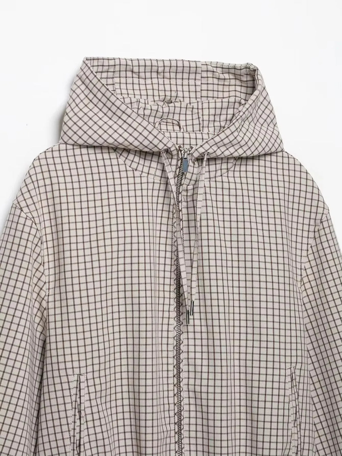 Women's Plaid Hooded Cropped Jacket with Drawstring Hem
