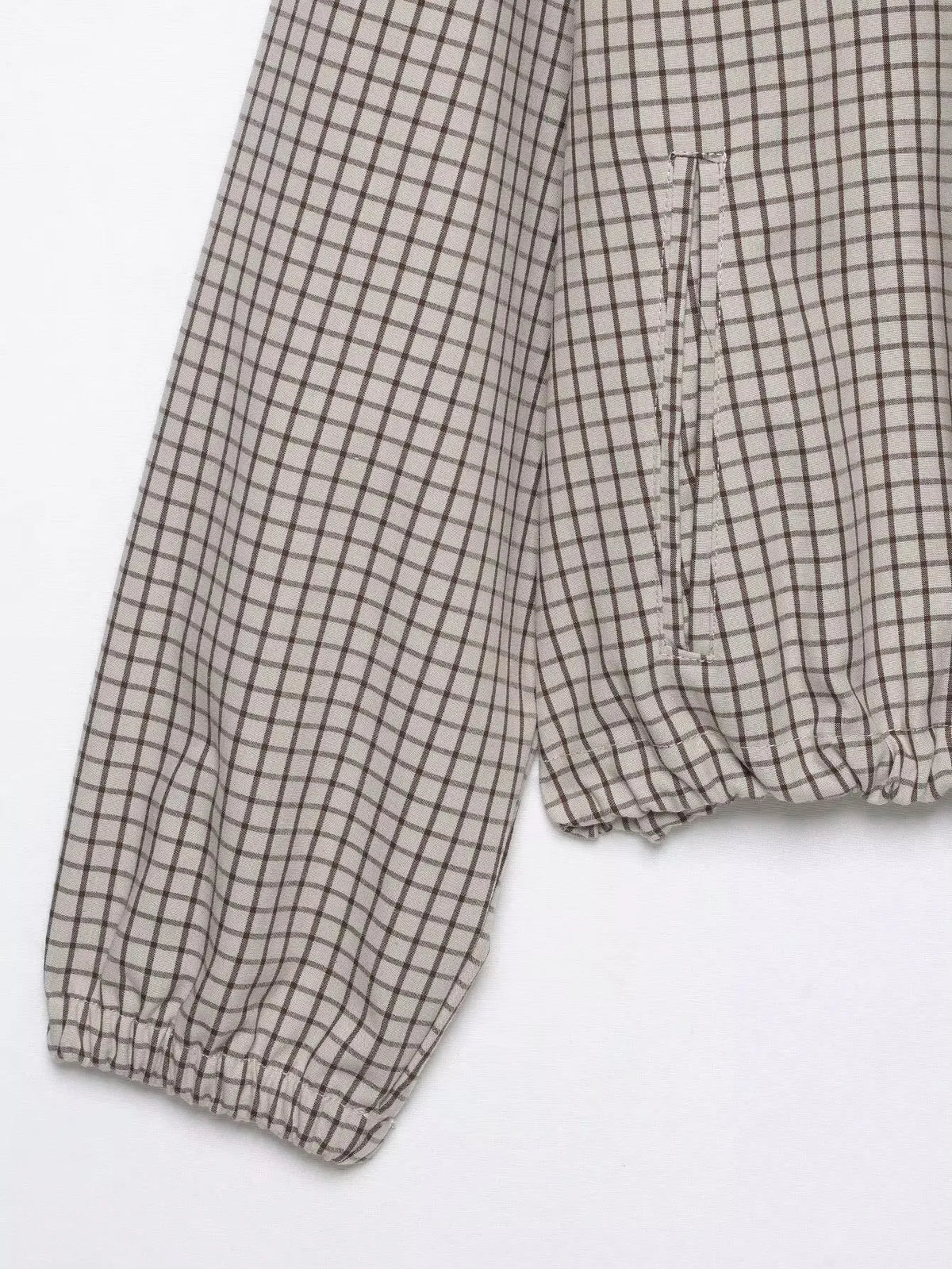 Women's Plaid Hooded Cropped Jacket with Drawstring Hem