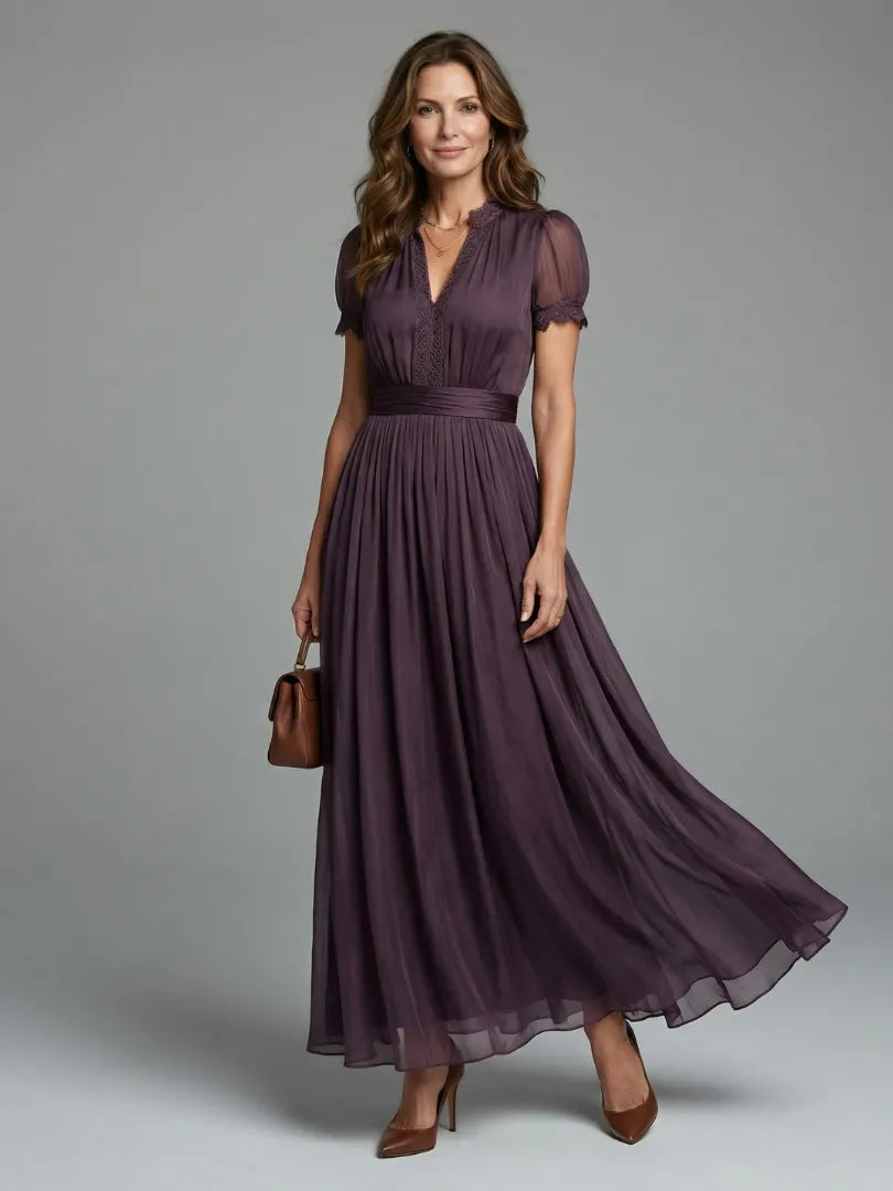 Women's Pleated Waist Maxi Dress with Sheer Sleeves