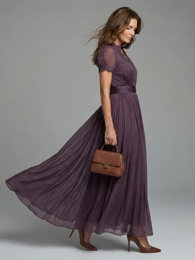Women's Pleated Waist Maxi Dress with Sheer Sleeves