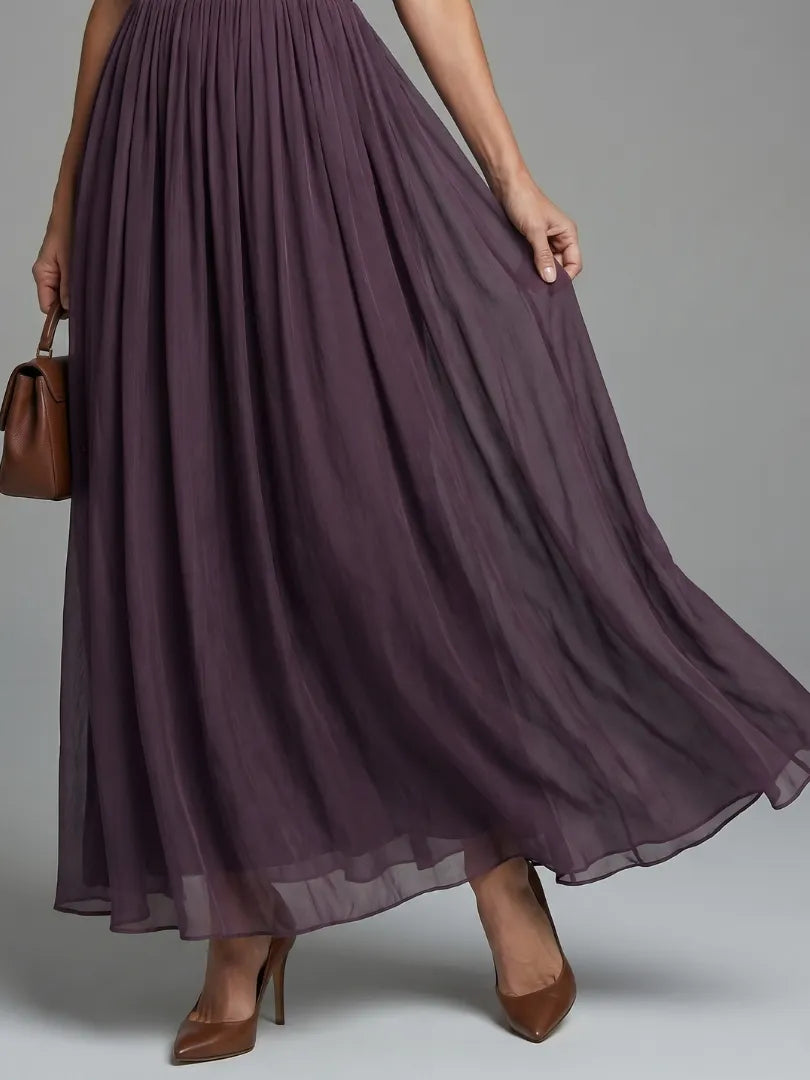 Women's Pleated Waist Maxi Dress with Sheer Sleeves