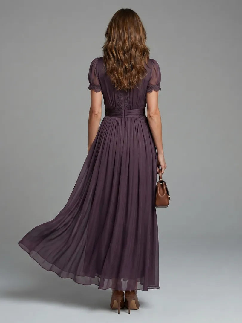 Women's Pleated Waist Maxi Dress with Sheer Sleeves