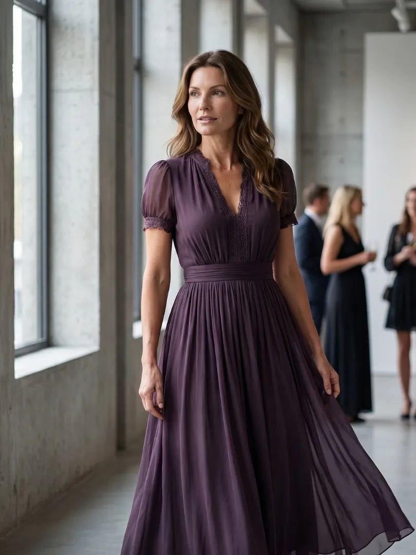 Women's Pleated Waist Maxi Dress with Sheer Sleeves