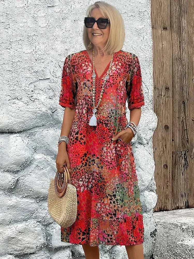Women's Printed Midi Dress with V-Neck and Pockets