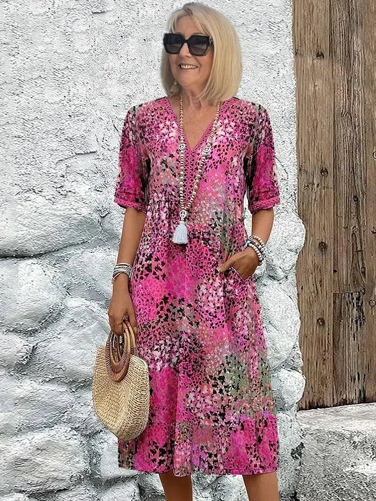 Women's Printed Midi Dress with V-Neck and Pockets