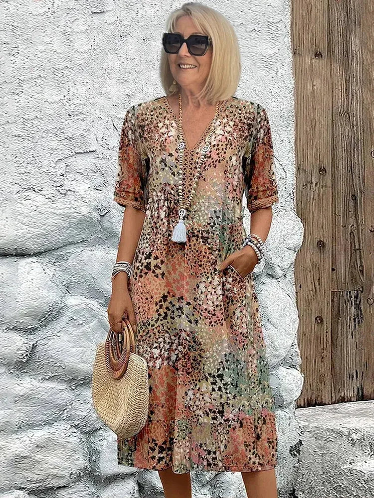 Women's Printed Midi Dress with V-Neck and Pockets