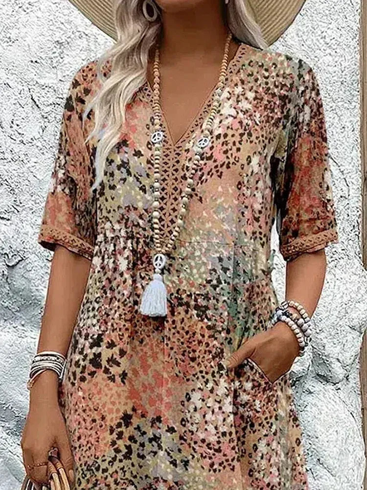 Women's Printed Midi Dress with V-Neck and Pockets