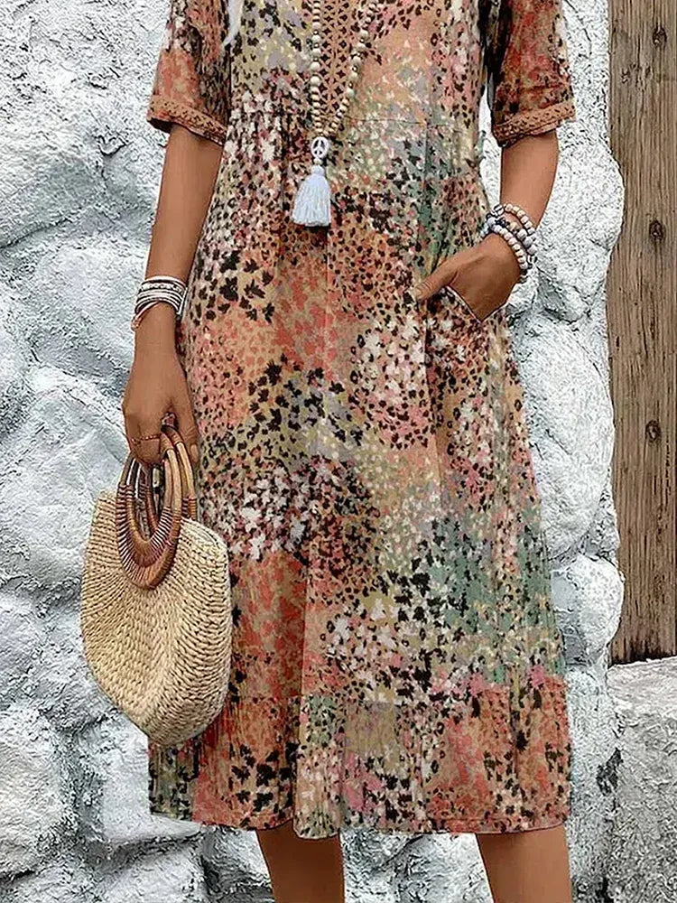 Women's Printed Midi Dress with V-Neck and Pockets