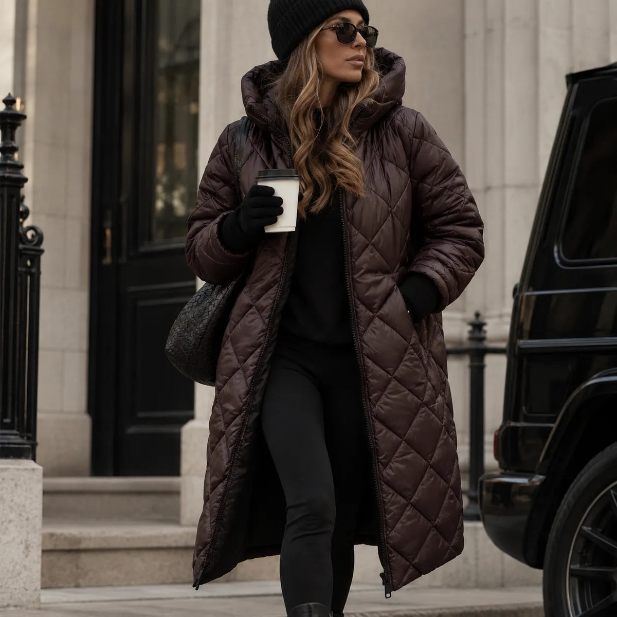 Women's Quilted Long Puffer Coat with Water-Repellent Shell
