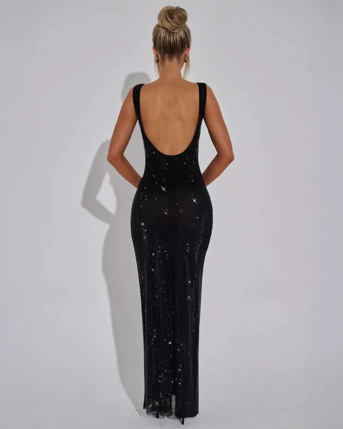 Women's Rhinestone Square Neck Maxi Dress with Bodycon Fit