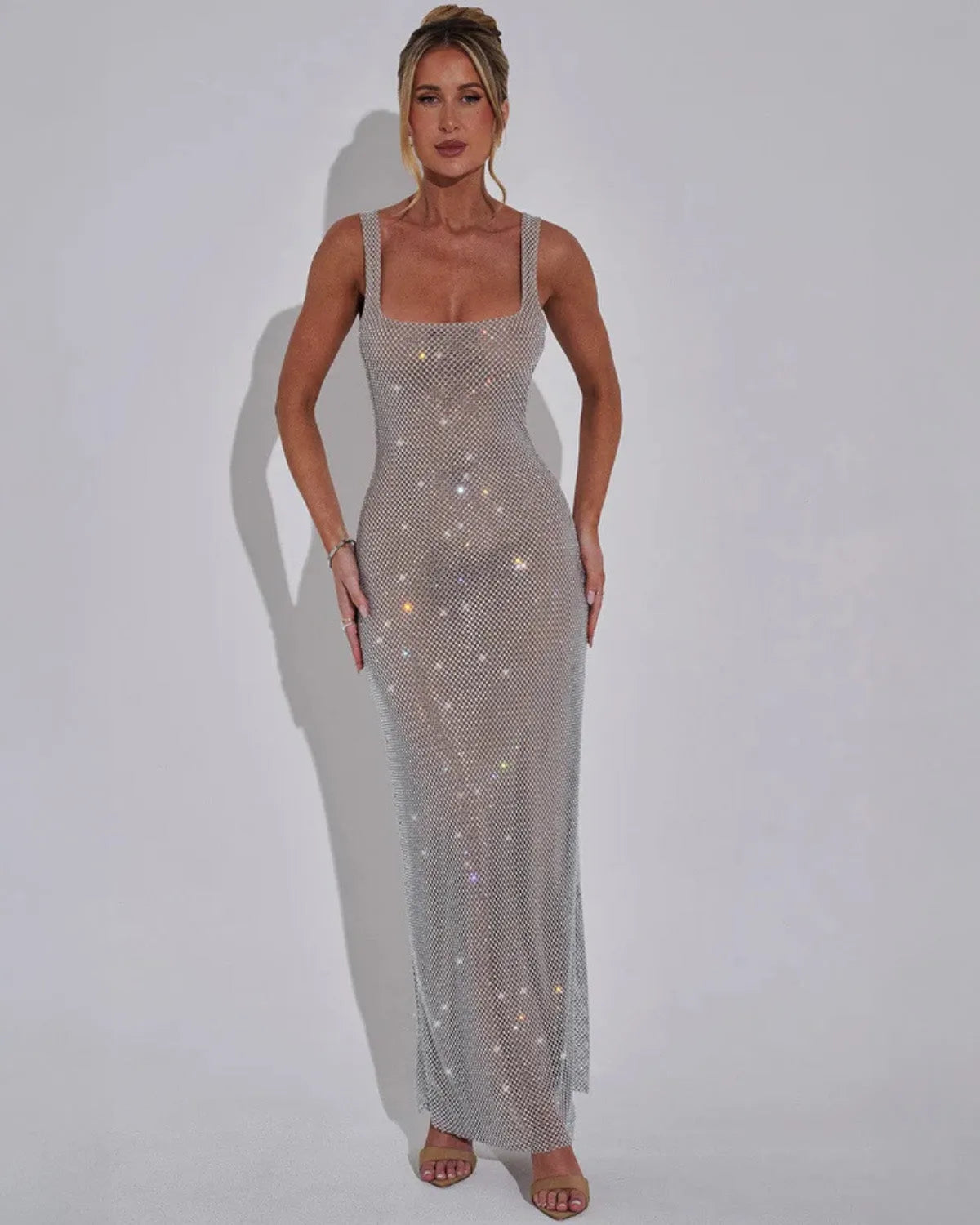 Women's Rhinestone Square Neck Maxi Dress with Bodycon Fit